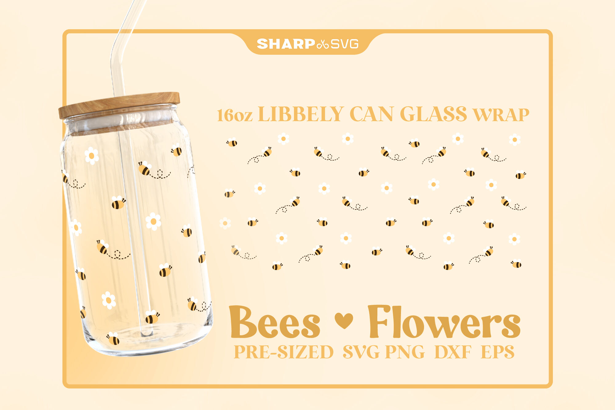 Beautiful Wildflower SVG 16oz Libbey Glass Can Wrap with Bees