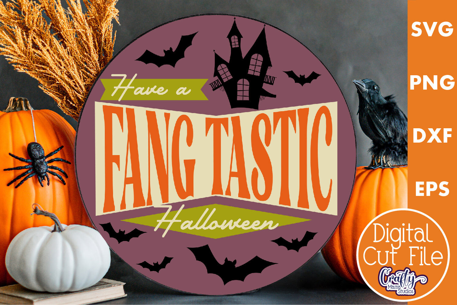 Round Retro Halloween Sign Svg Have A Fang Tastic Halloween By Crafty