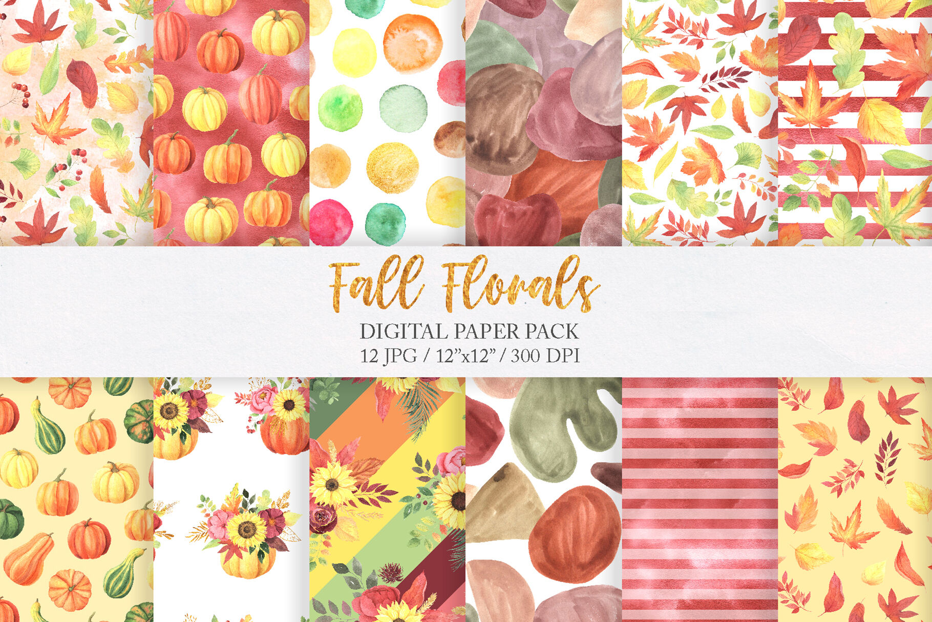 12 Fall Watercolor Florals Digital Papers, JPEG, 12 X 12