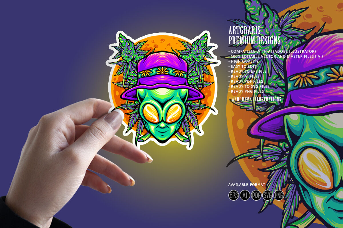 Funky Alien head with cannabis leaf illustrations By artgrarisstudio ...