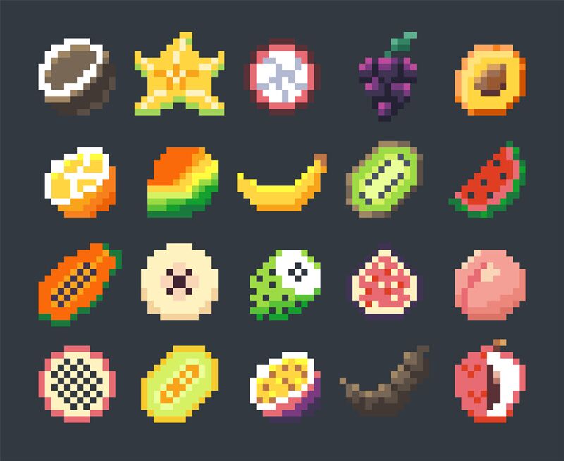 Pixel Fruits For Games Icons High Detailed Vector Set Royalty Free