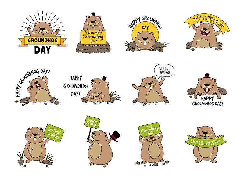 Groundhog animal badges. Cute wild animal on time loop repetition of d