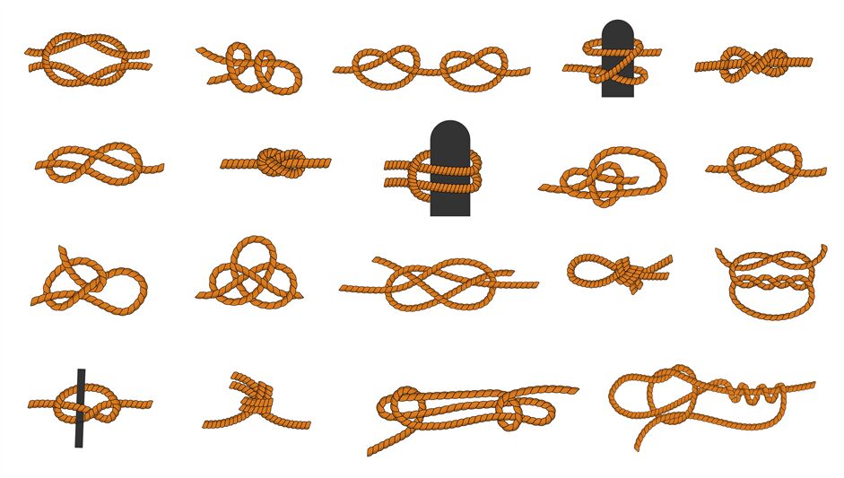 Knot types. Cartoon knotted rope with ties and threads for boating and By  Tartila