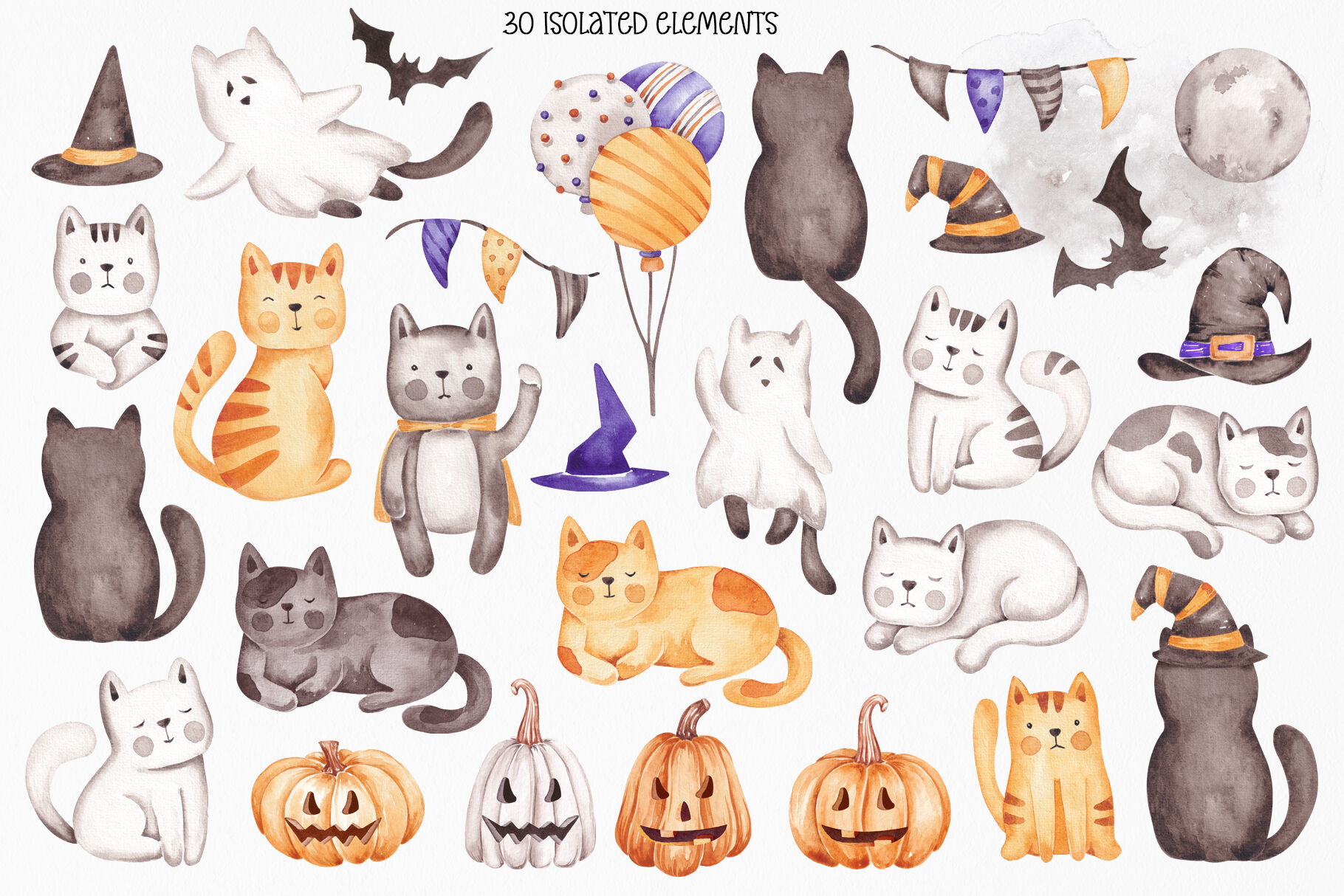 Watercolor Clip Art Halloween Cats By SirenaArt | TheHungryJPEG