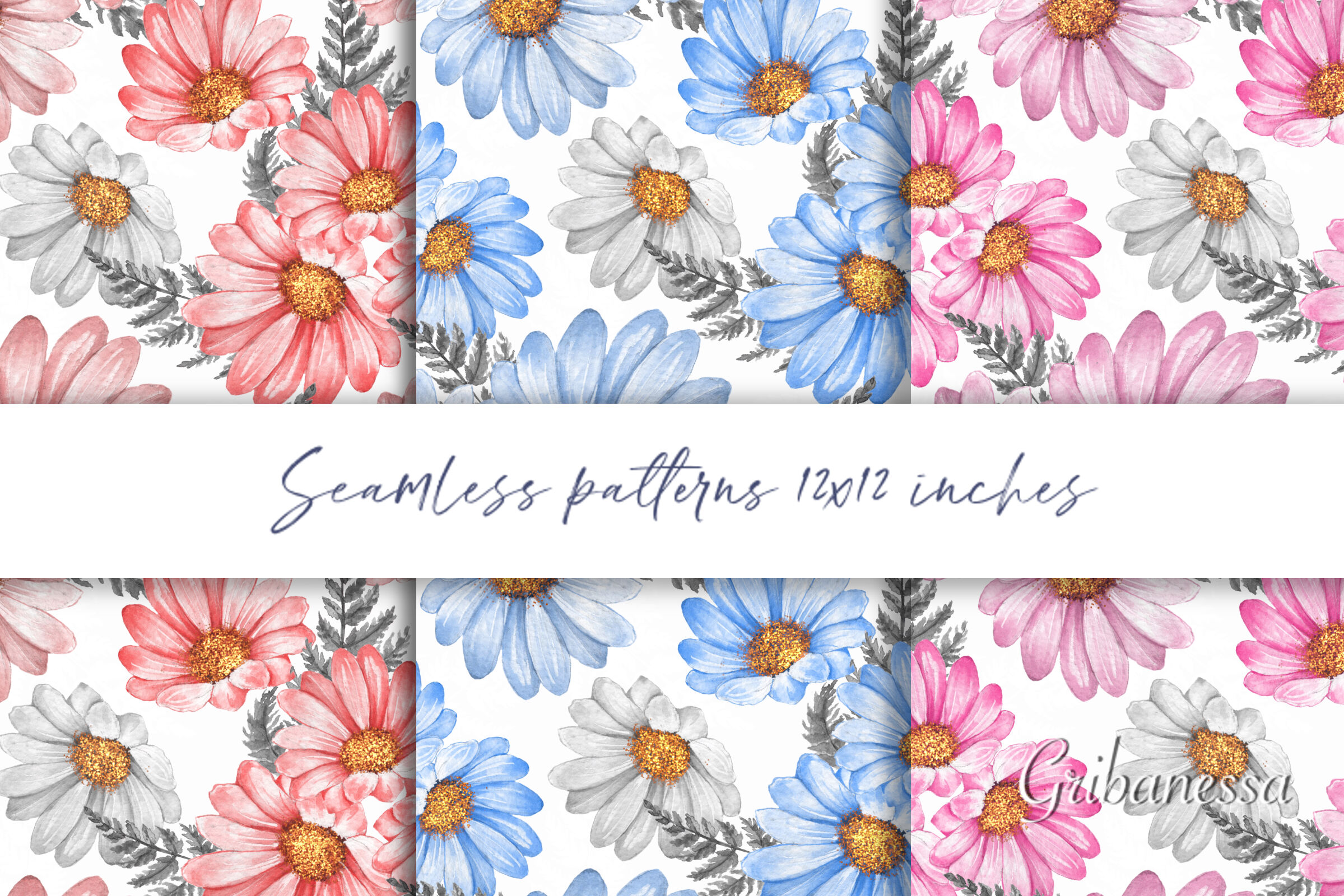 Watercolor floral patterns. Set of 3 By Gribanessa | TheHungryJPEG