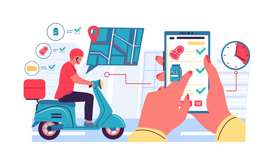 Making an order. Курьер на мопеде PNG. Good or service purchased.
