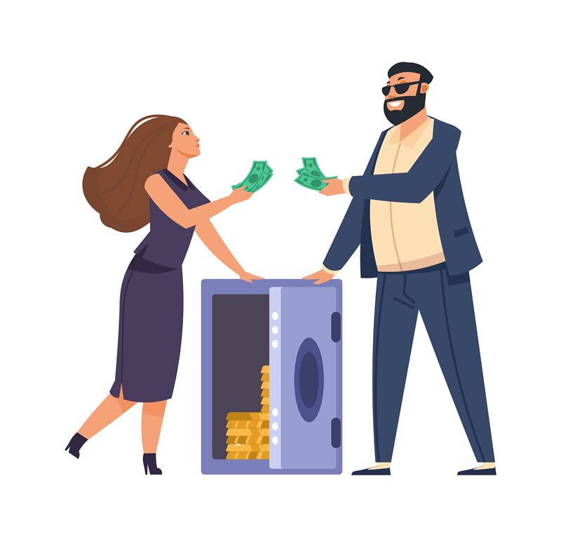Rich people. Cartoon happy man and woman with metal safe full of money By  SpicyTruffel | TheHungryJPEG