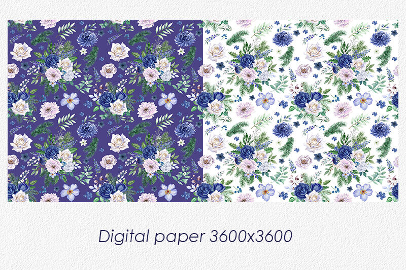 Winter fantasy set - Blue white watercolor floral clipart. By ...