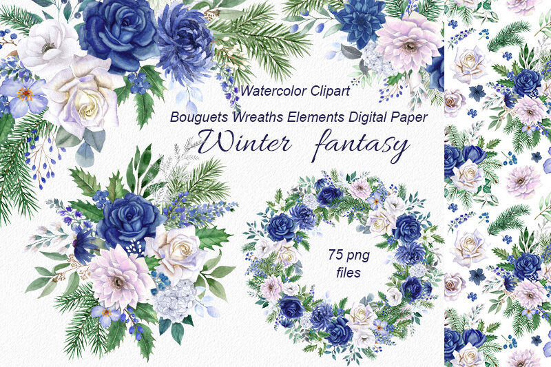 Winter Fantasy Set - Blue White Watercolor Floral Clipart. By 