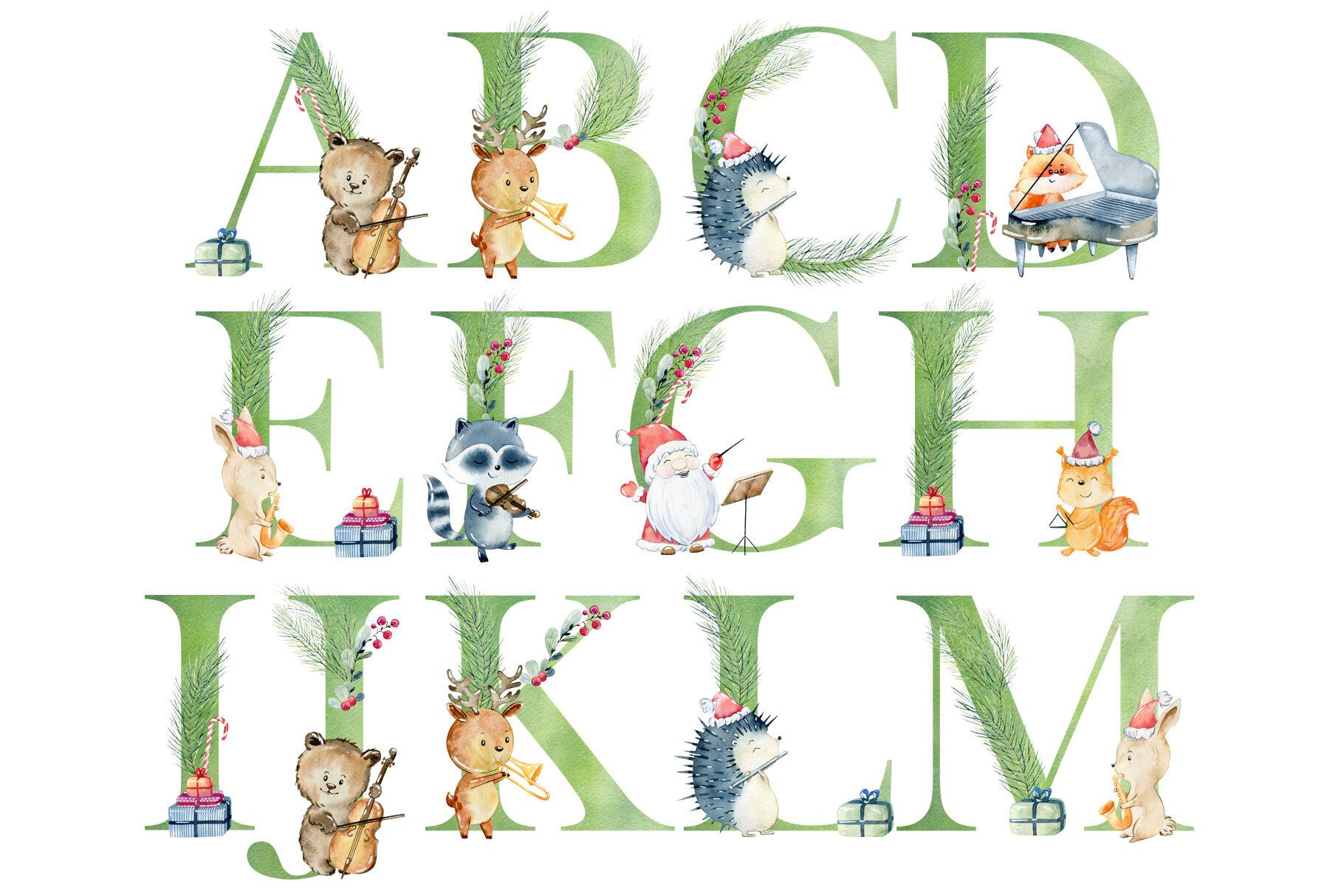 Christmas Watercolor Alphabet With Animals. By Tapilipa-Art | TheHungryJPEG