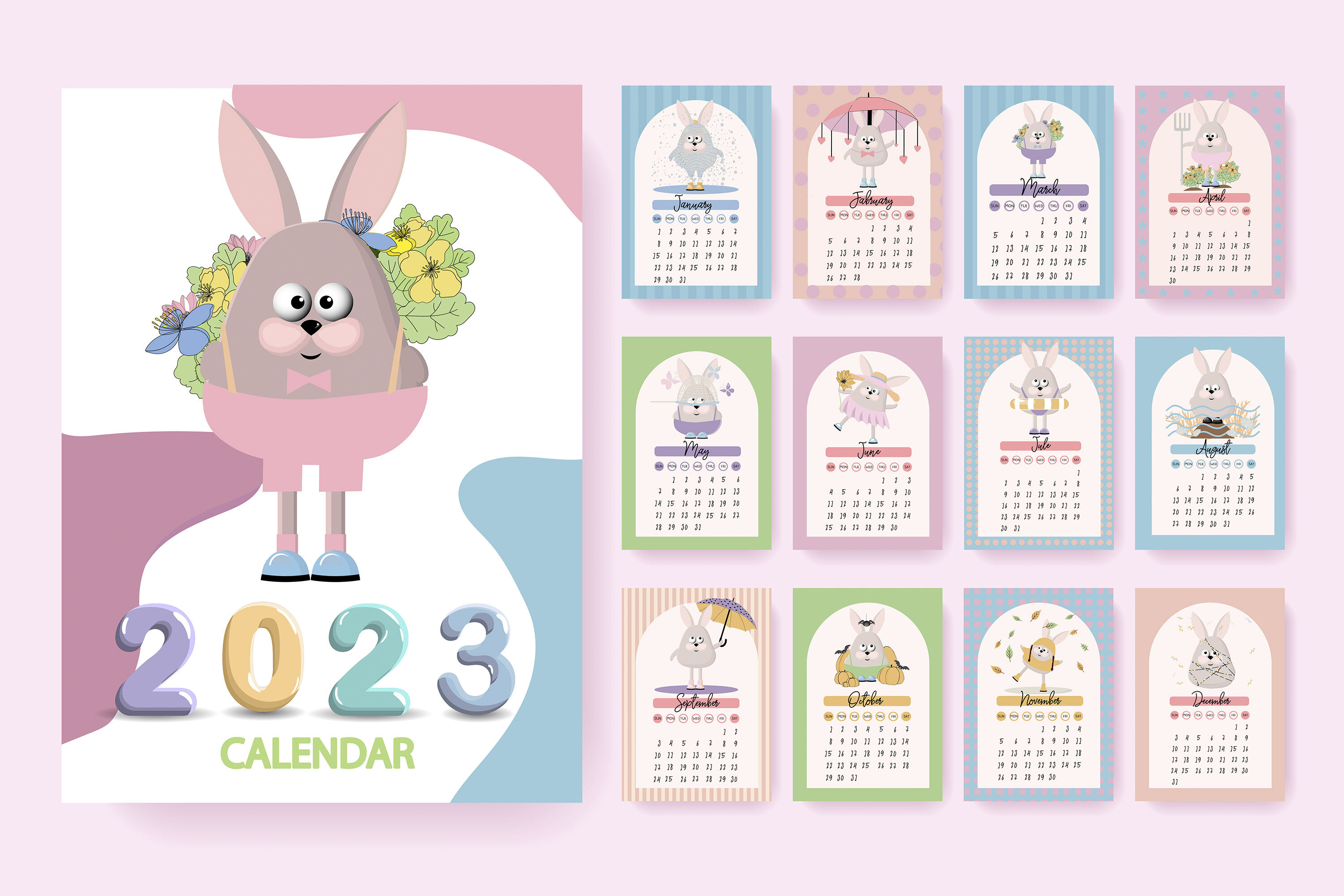 Rabbit calendar template for 2023 By TheHungryJPEG