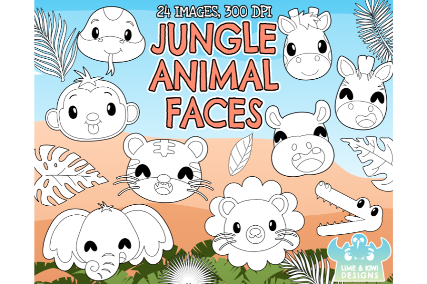 Jungle Animal Faces Digital Stamps - Lime and Kiwi Designs By Lime and Kiwi  Designs | TheHungryJPEG