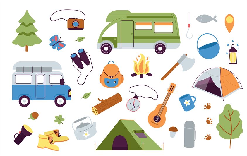 Camping outdoor elements. Summer camp adventures, hiking accessories. By  Microvector