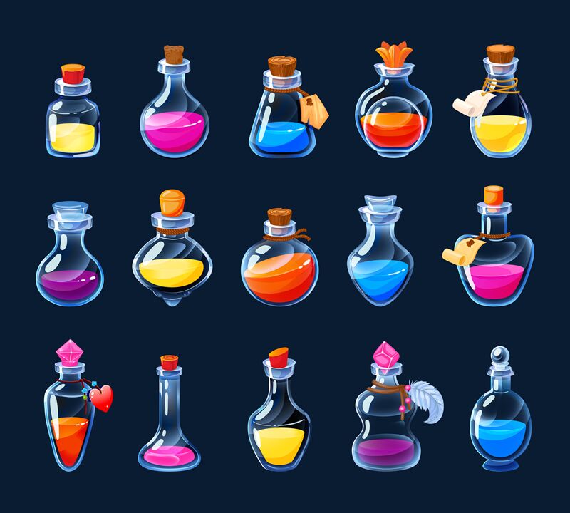 Cartoon alchemy bottles. Magic potion and love elixir game UI icons as ...