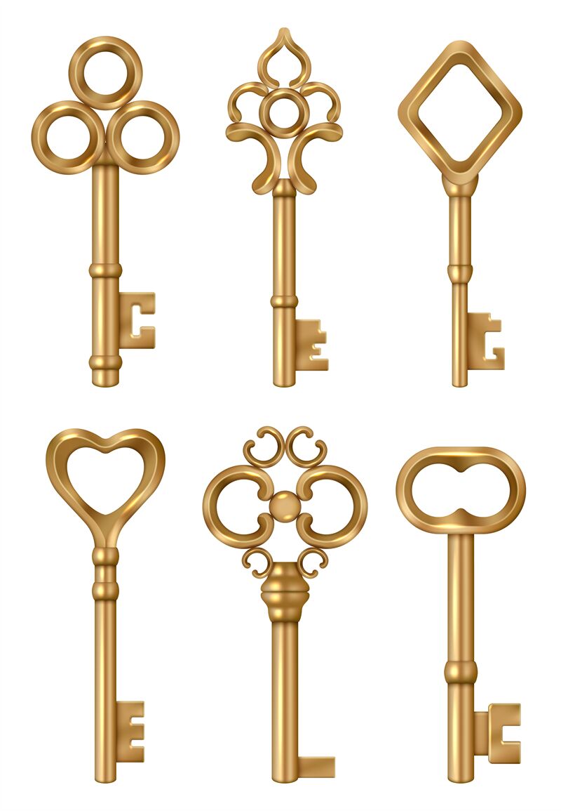 Golden key. Real estate symbols medieval ornate vintage keys for doors By  ONYX