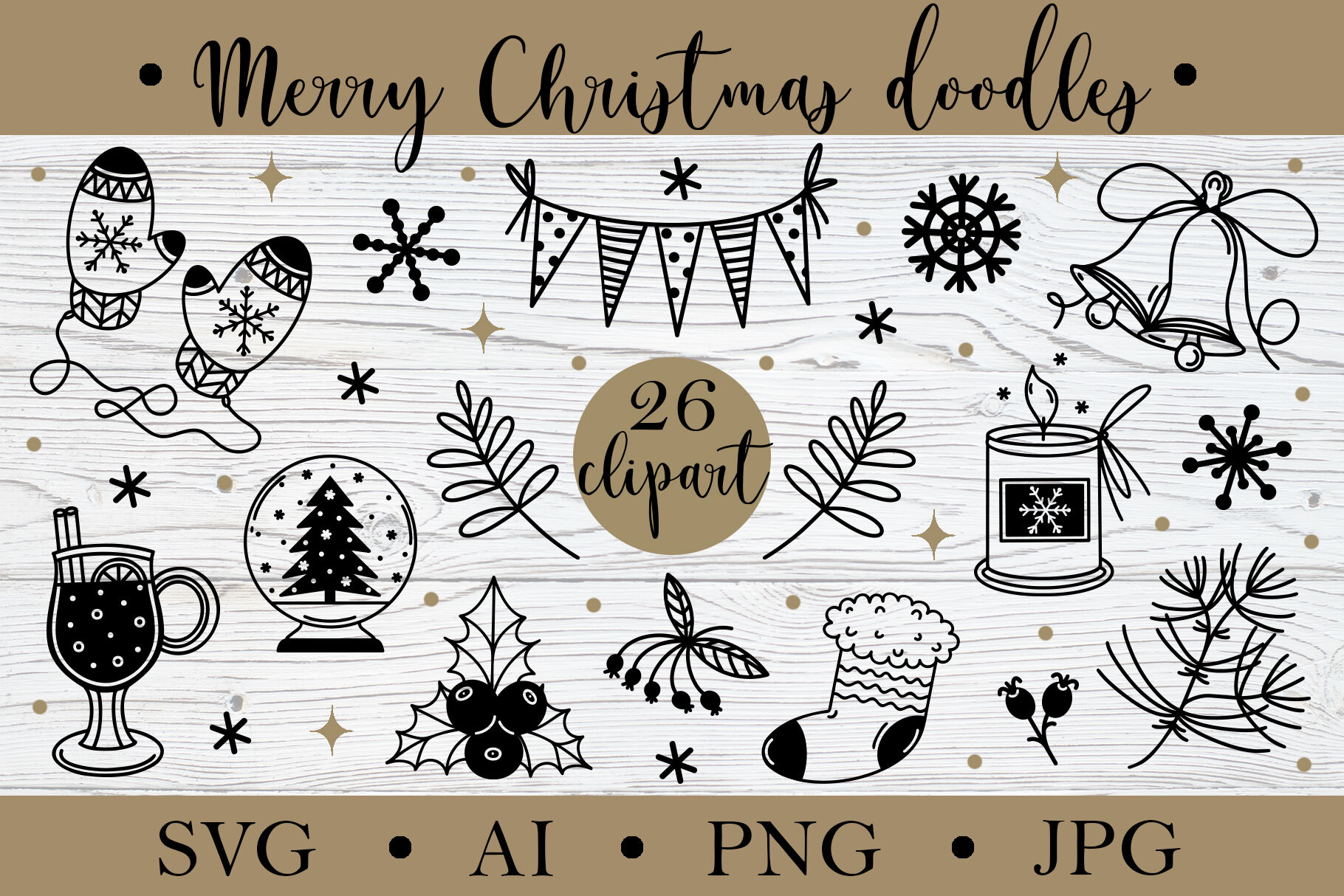 Merry Christmas doodles, SVG PNG clipart winter bundle By shamanistik