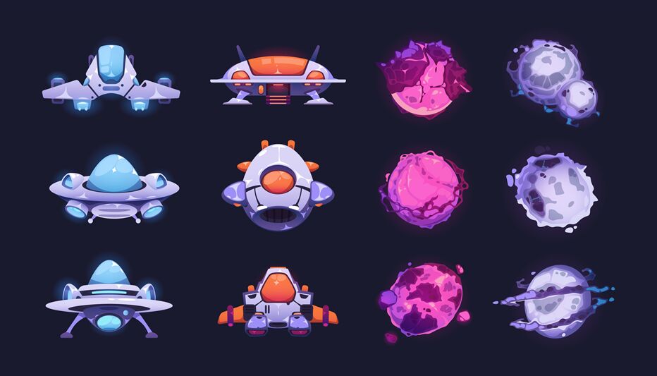 Fantasy planets and ships. Cartoon neon spaceship and cosmic icons for ...