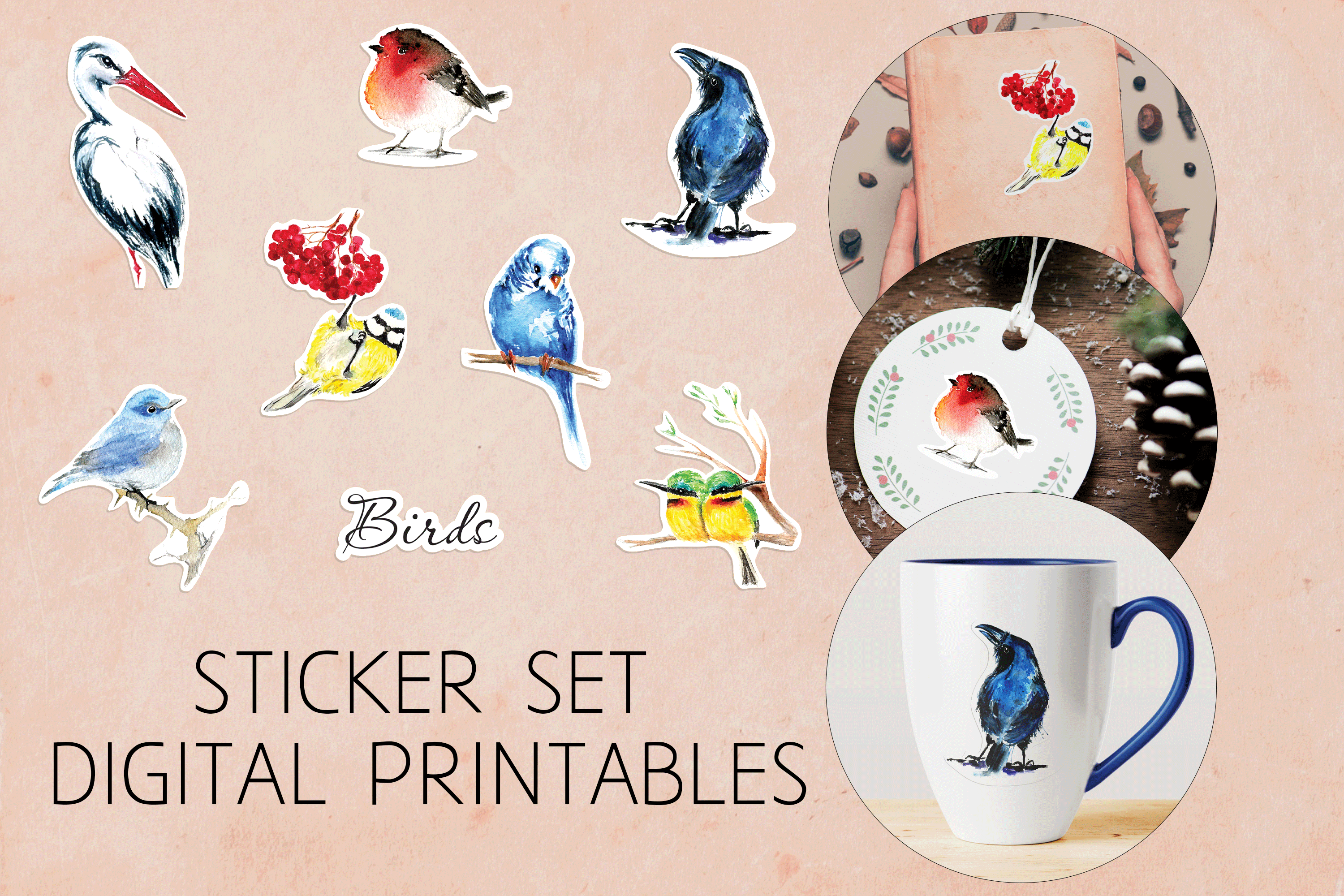 Bird stickers for scrapbooking and junk journal, bright watercolor sti By  JaneFoxikArt
