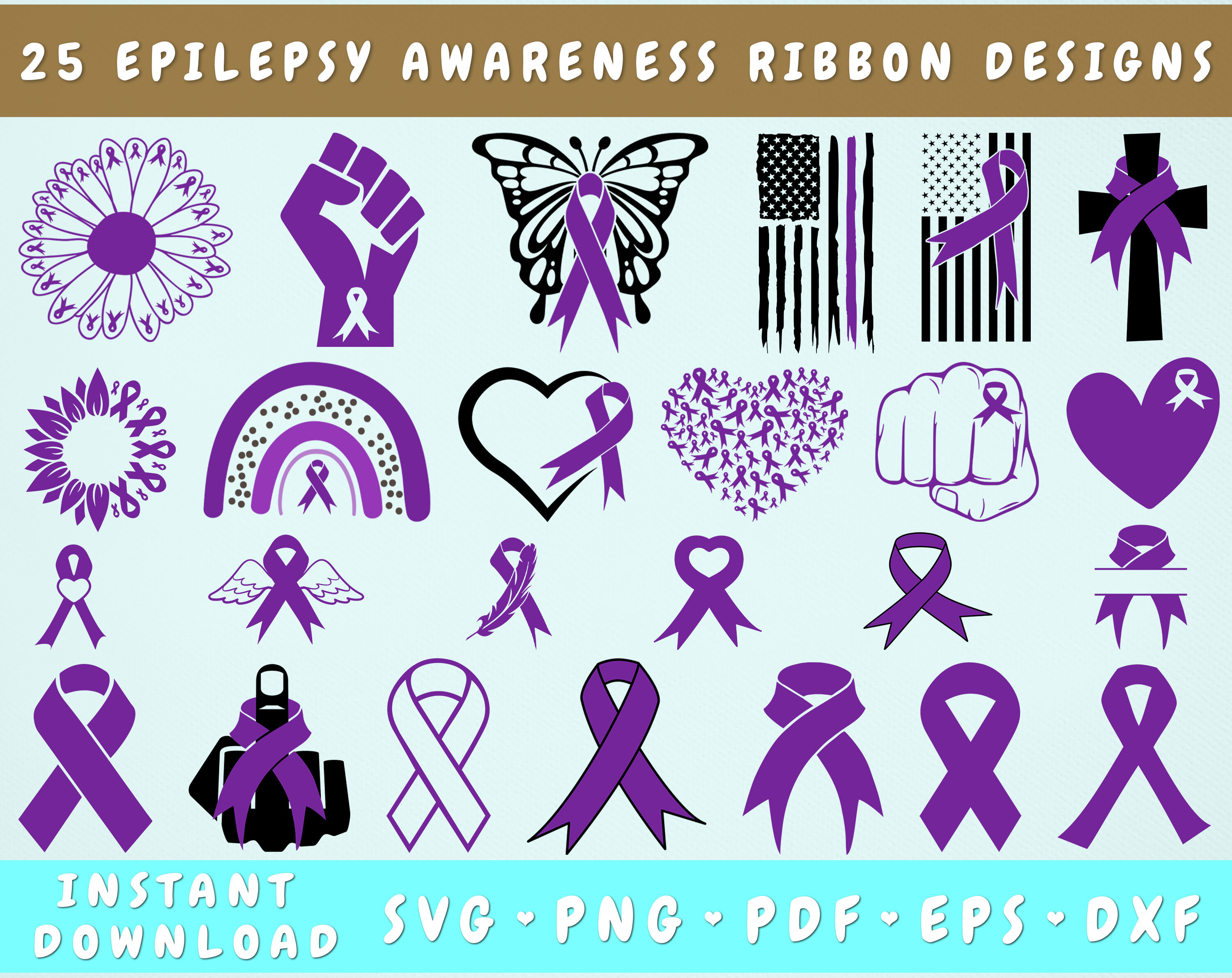 Epilepsy Awareness Ribbon SVG Bundle, 25 Designs, Epilepsy Ribbon SVG
