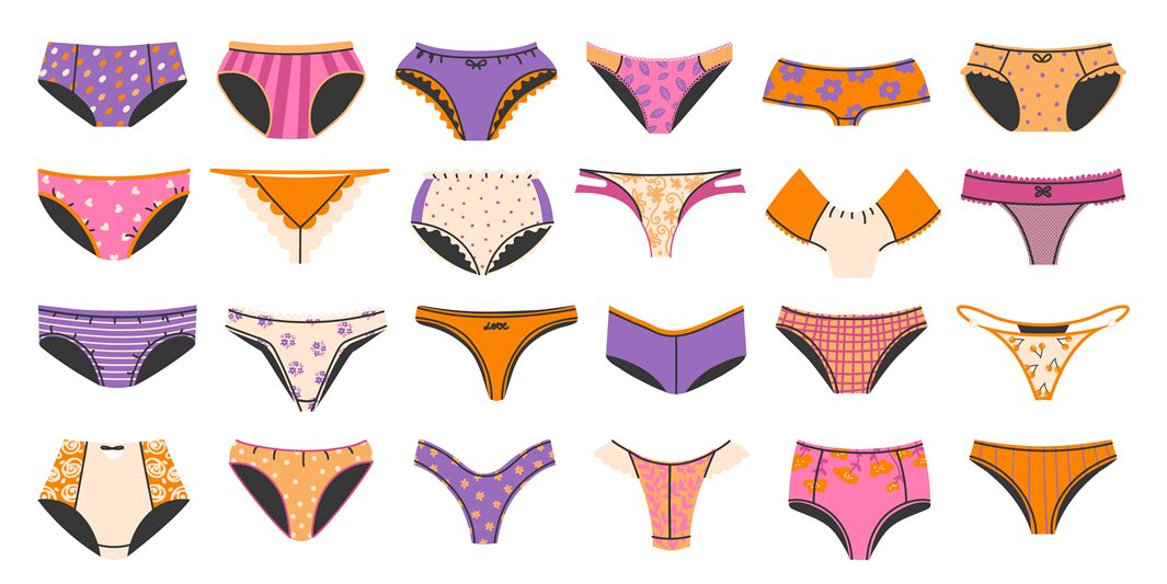 Women panties. Female underwear types, lady wardrobe lingerie and