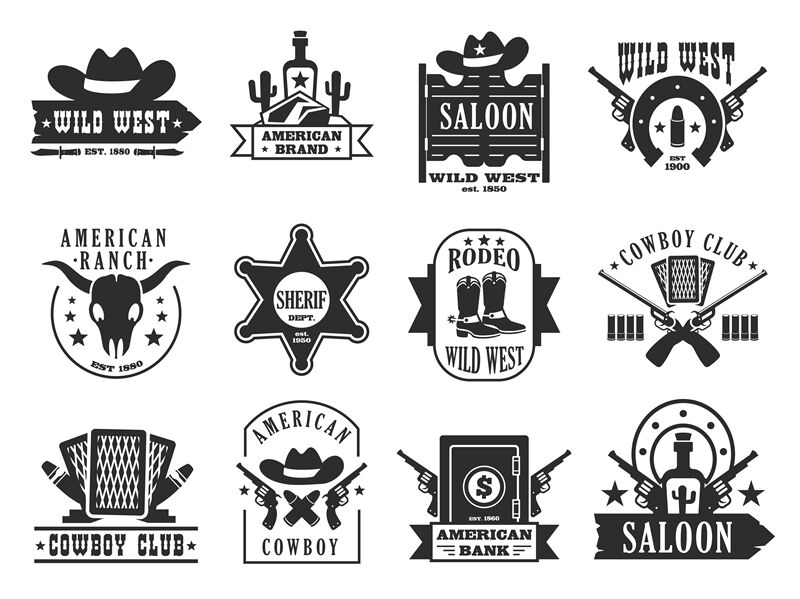 Wild west logo. Western american cowboy badges with cactus horse