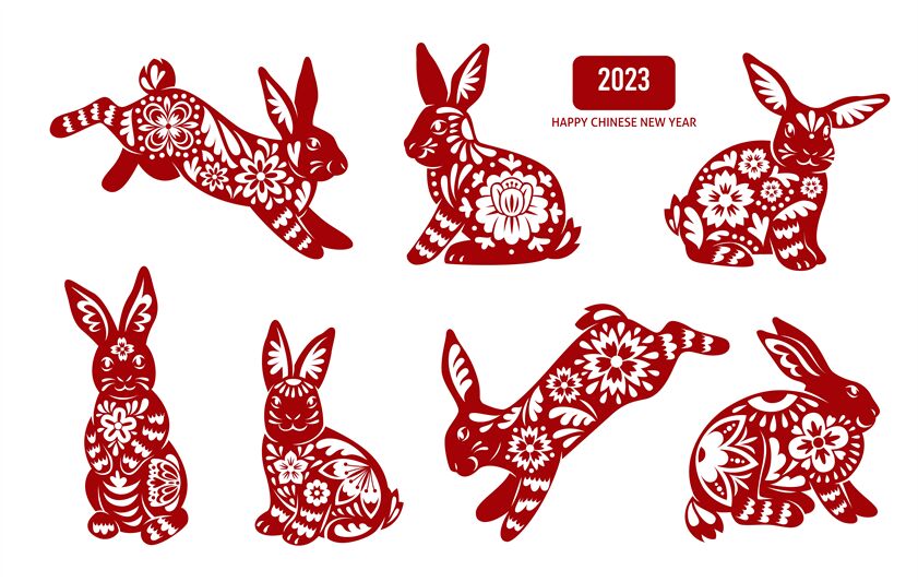 Chinese traditional rabbit. Cute new year symbol, red patterned