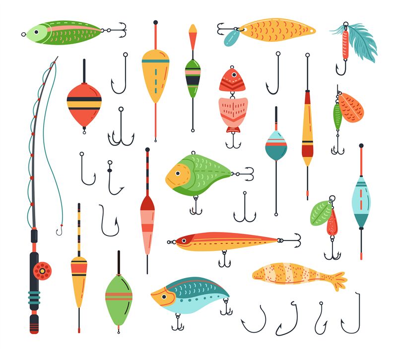 Fishing accessories. Fish bait with hook, fisherman rod and tackle wit By  WinWin_artlab