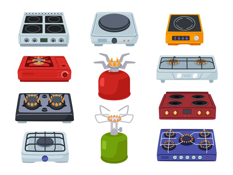 Cartoon stoves. Kitchen electric hob, camping stove gas burner and