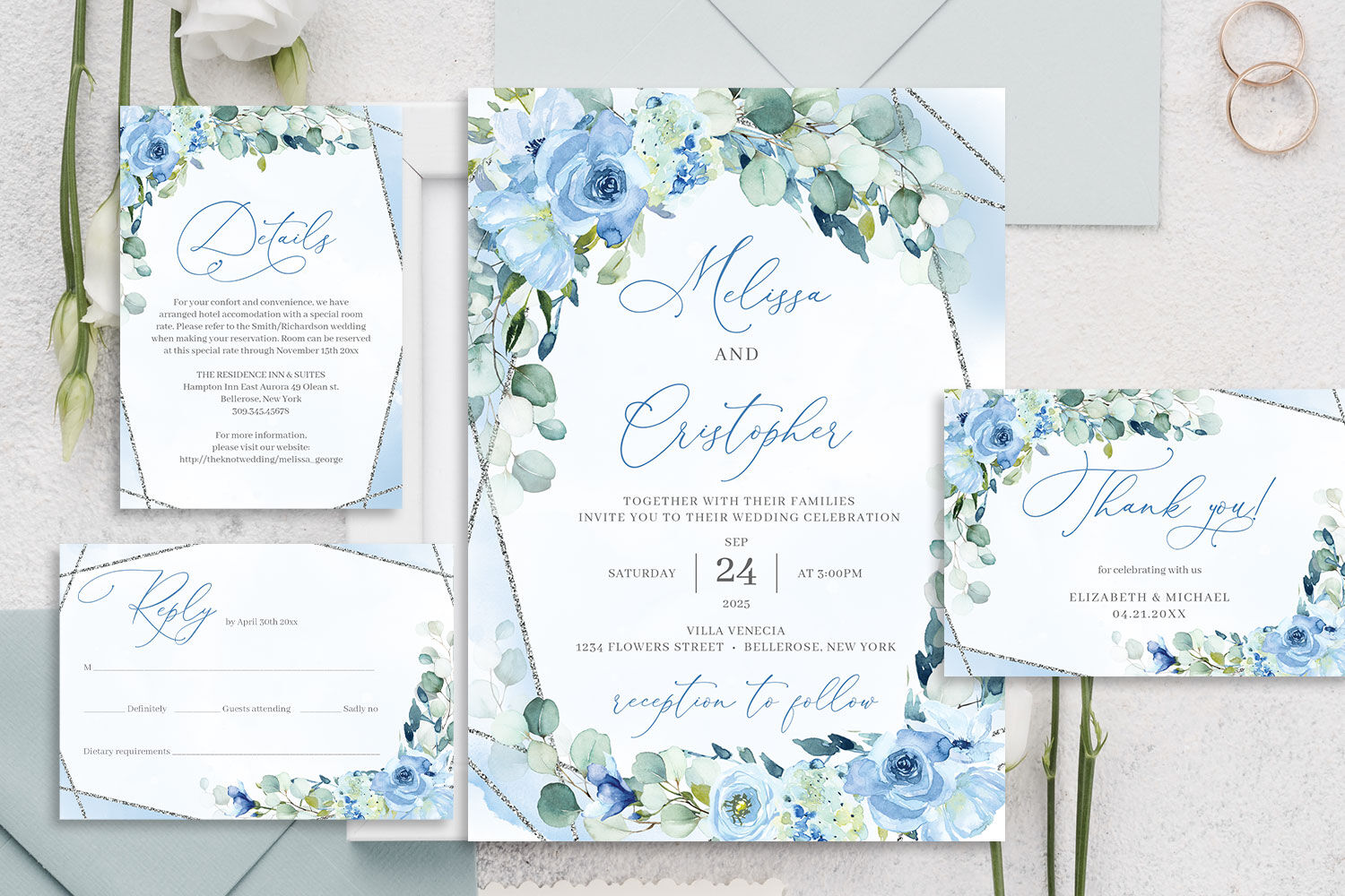 Dusty Blue Wedding Invitations Diy Floral Wedding Invitation
