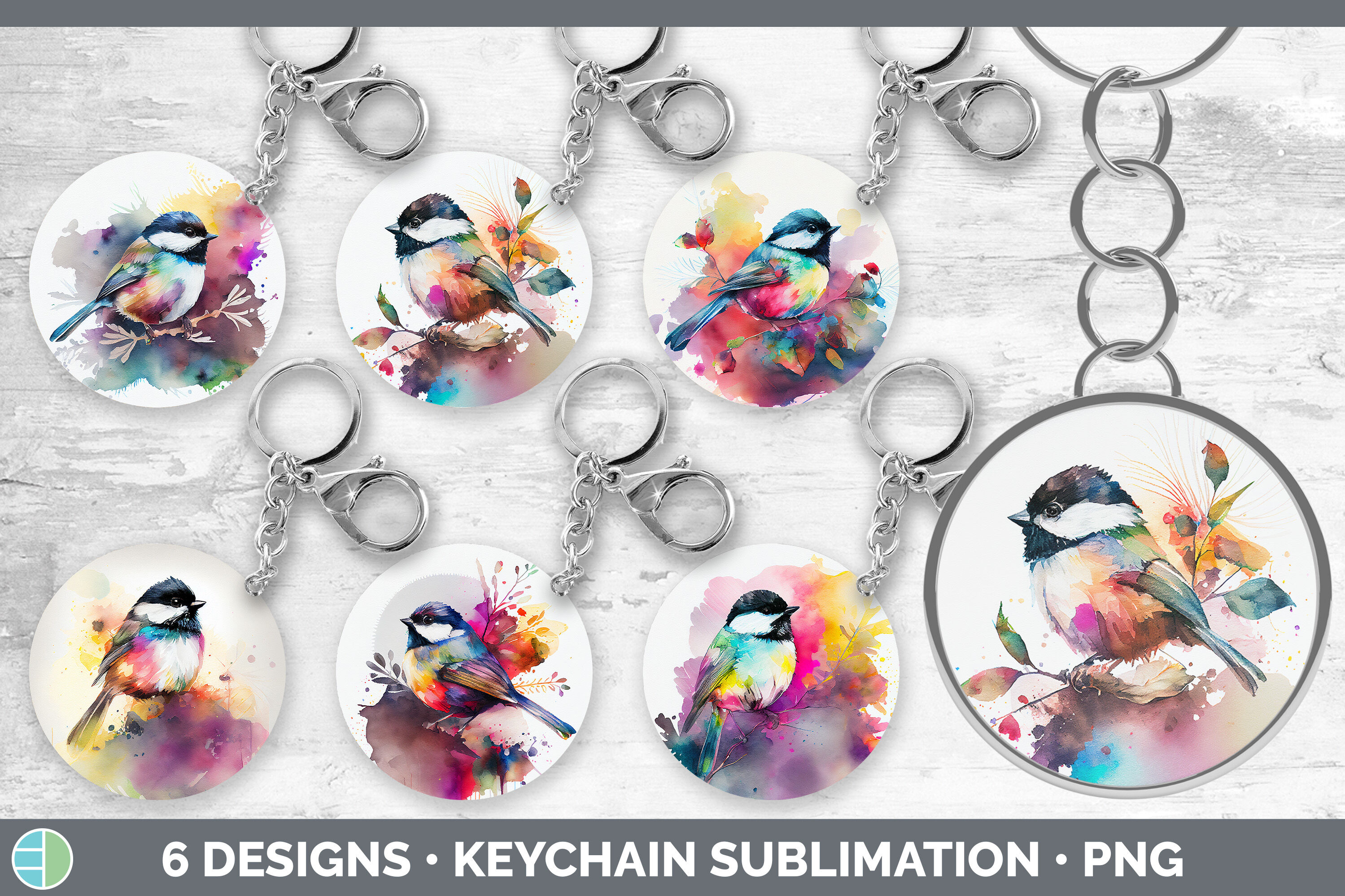 Rainbow Chickadee Keychain Bundle  Keyring Sublimation Designs By