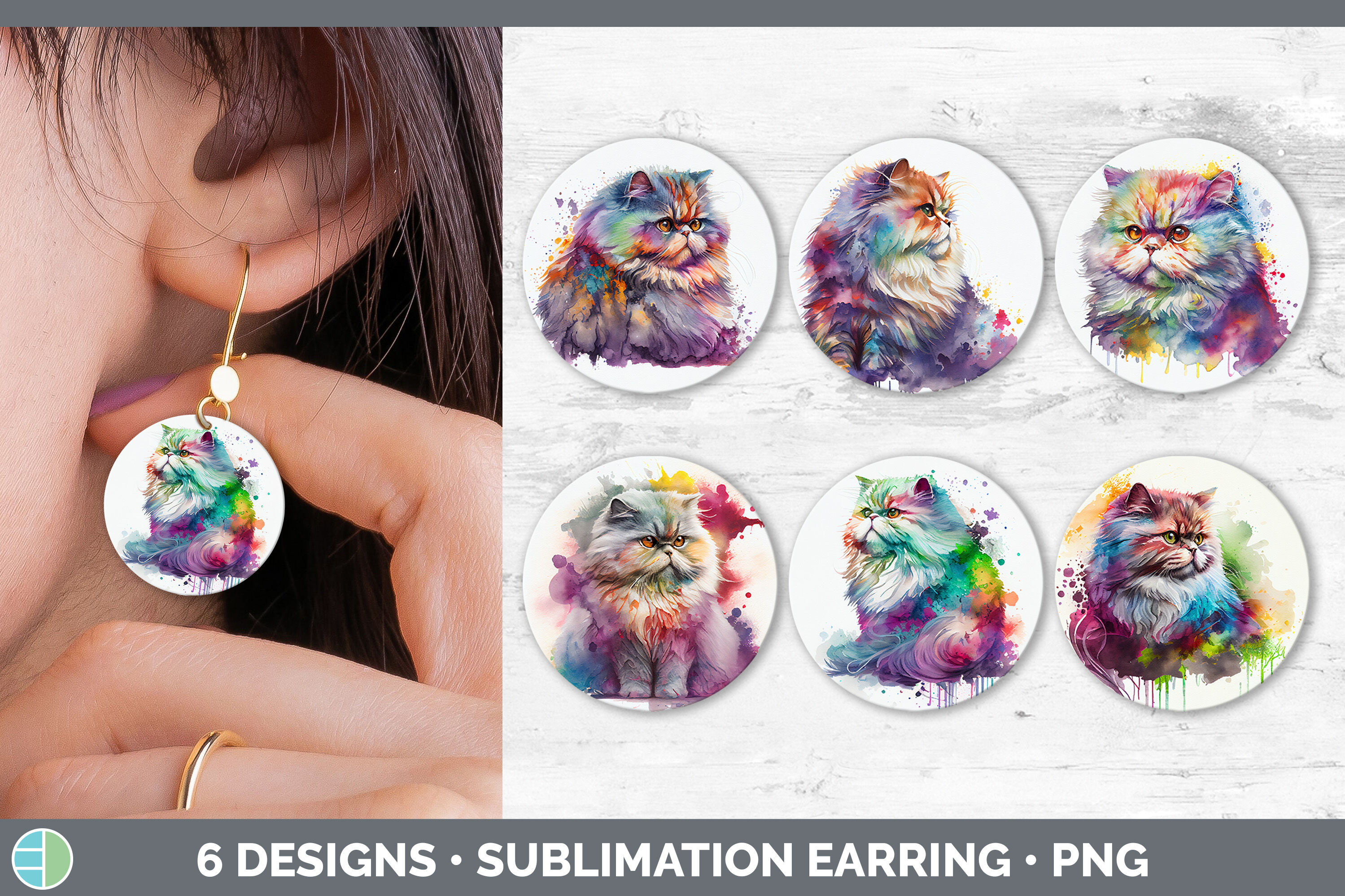 Rainbow Persian Cat Round Earring | Sublimation Designs Bundle By ...