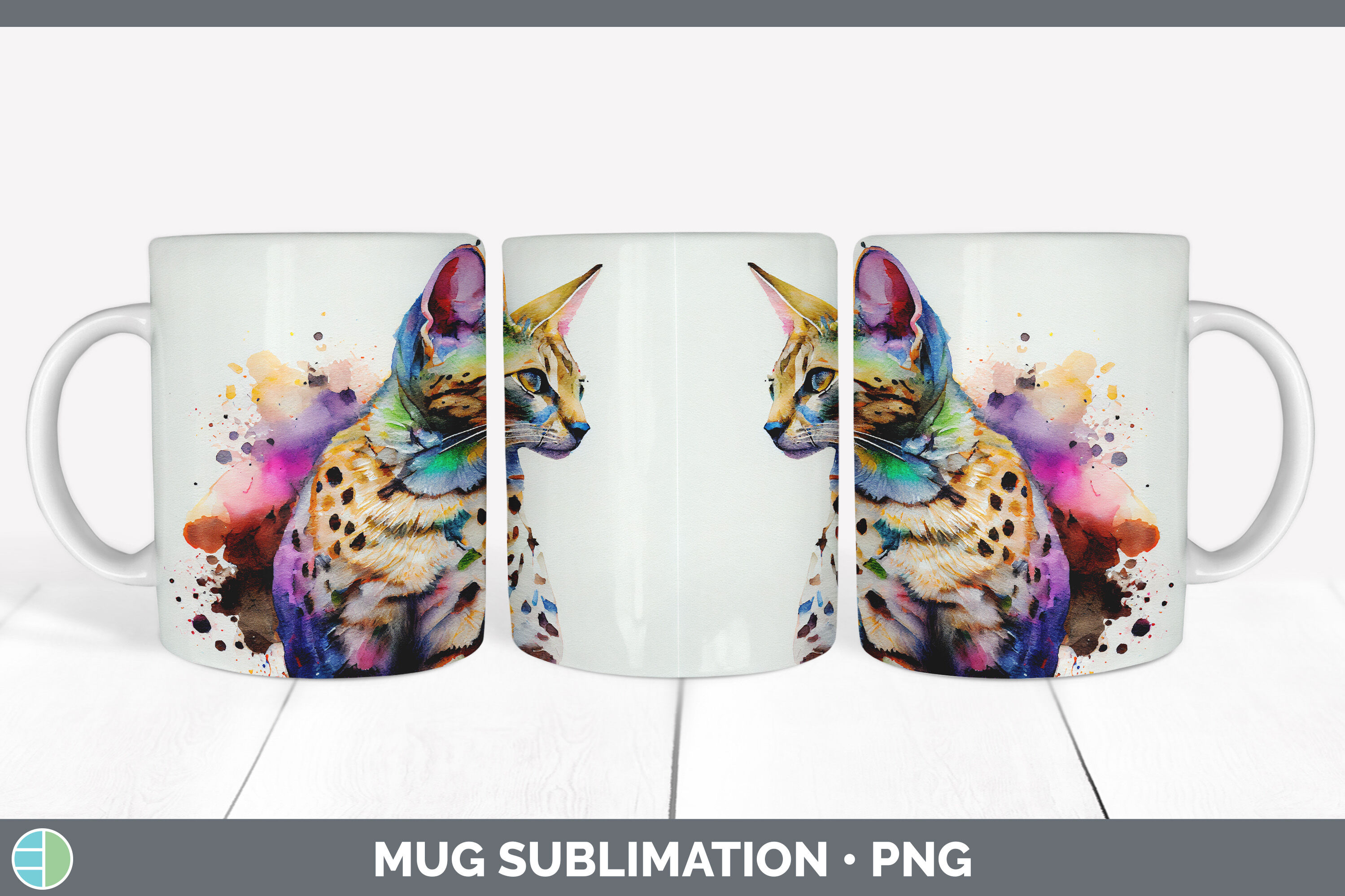 Rainbow Savannah Cat Mug Sublimation | Coffee Cup Background PNG By ...