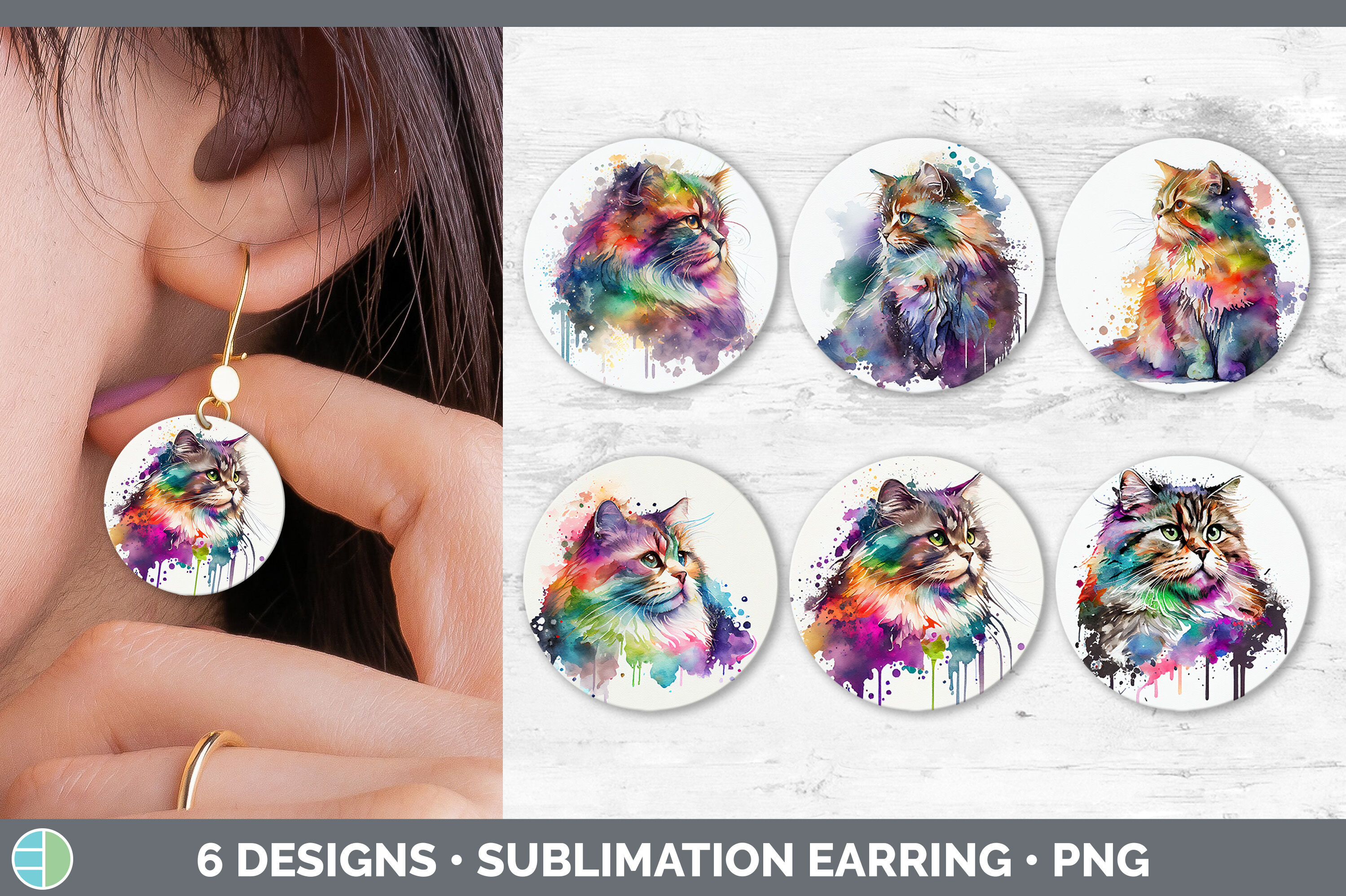 Rainbow Siberian Cat Round Earring | Sublimation Designs Bundle By ...