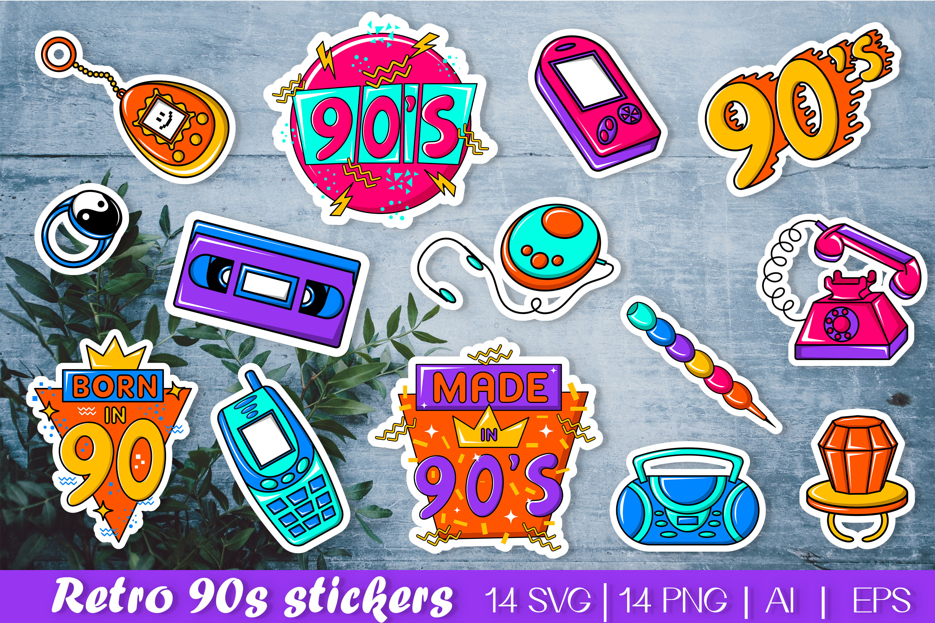 Retro 90s Stickers PNG, Vintage sticker bundle By Boo Guevara Shop