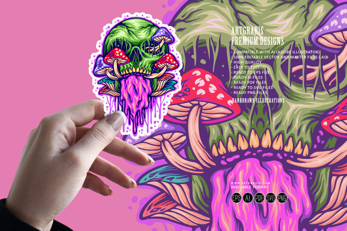 Psychedelic mushrooms skull colorful Illustrations By artgrarisstudio ...