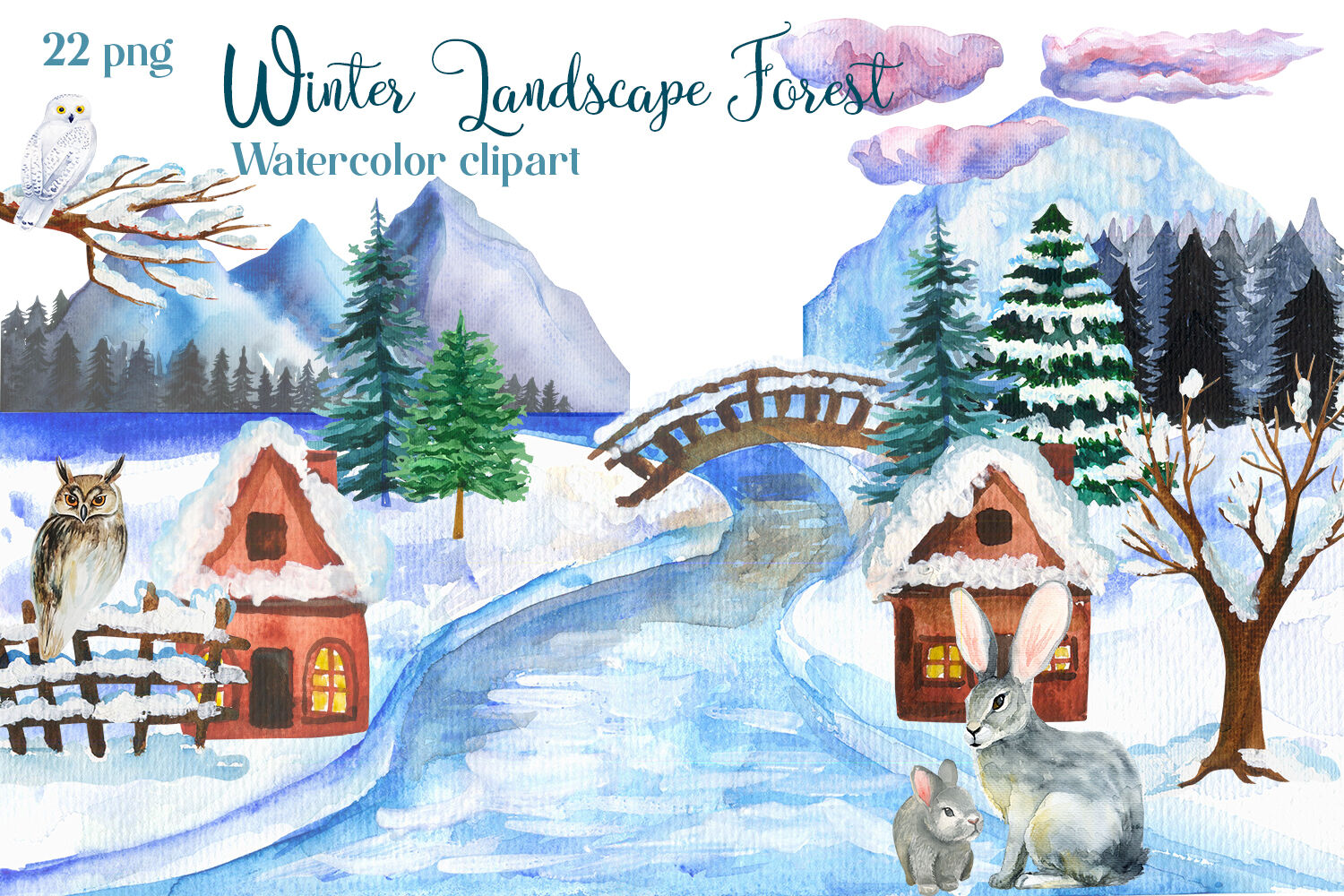 Winter Landscape Watercolor Cliparts By Anna Zlato | TheHungryJPEG