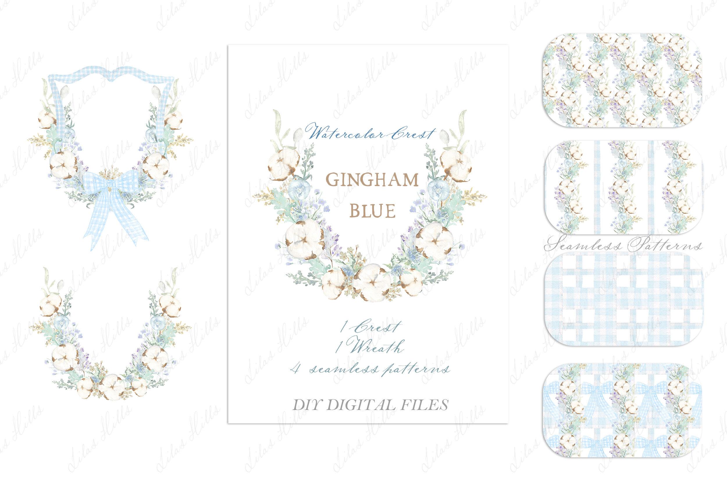 Dark and Light Blue and White Wedding Crest Blue Watercolor 
