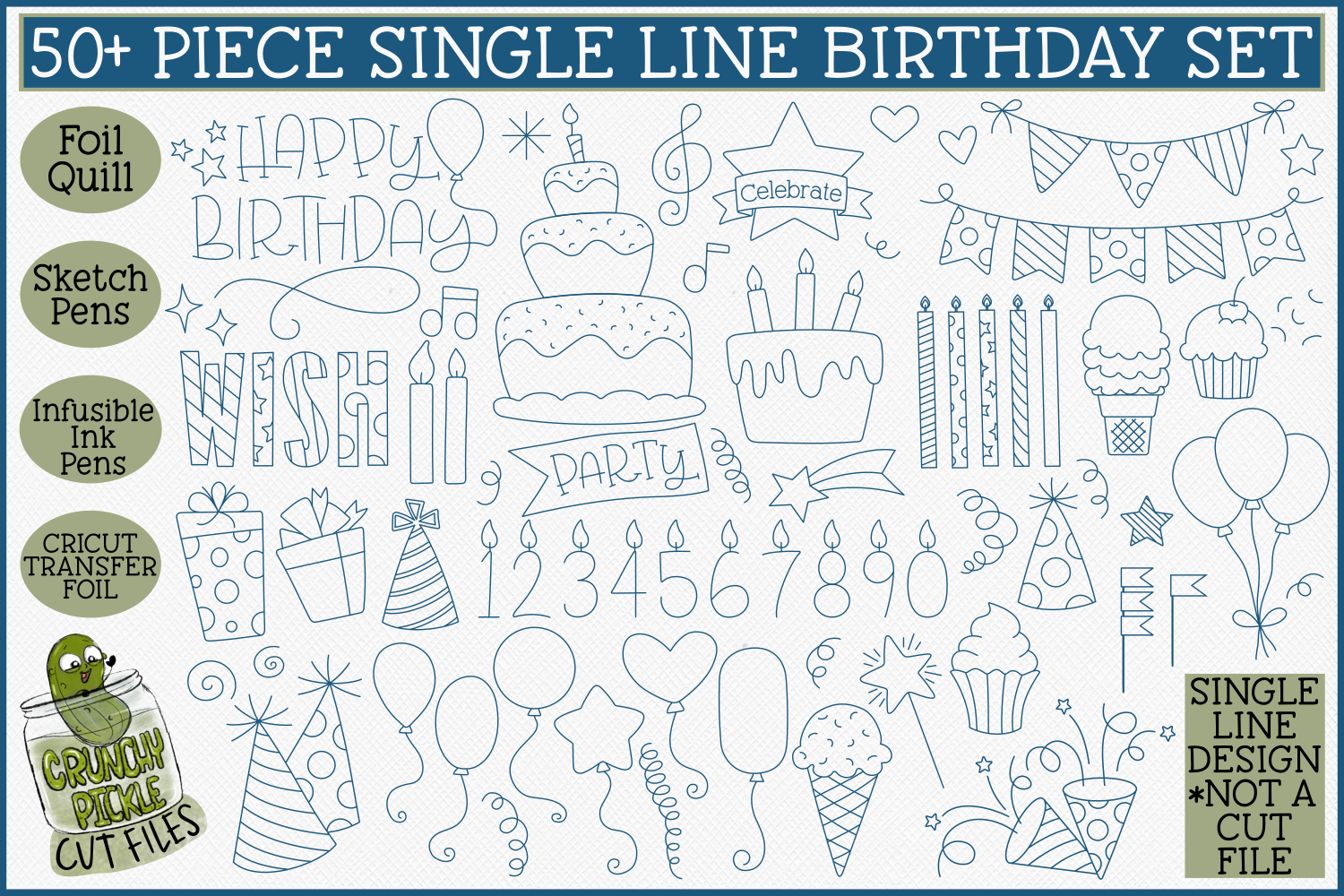 Foil Quill Birthday 50 Piece Bundle, Single Line SVG Designs By