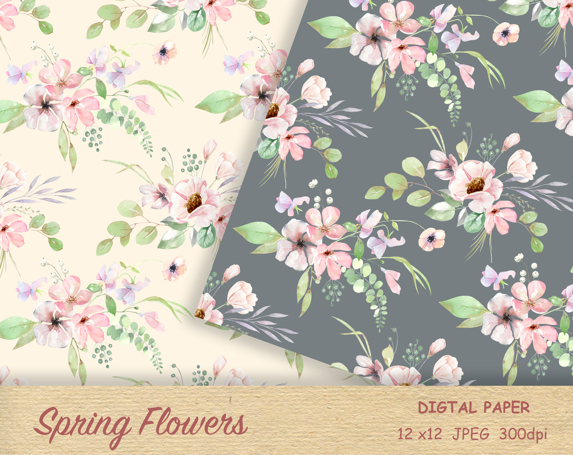 Pink Floral digital paper, Watercolor Digital scrapbooking, blush pink ...