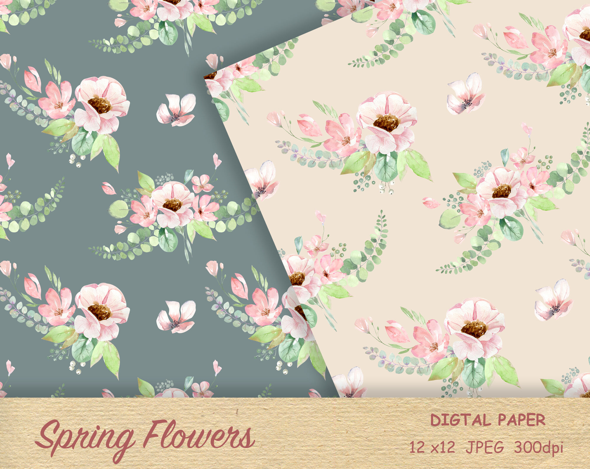 Pink Floral digital paper, Watercolor Digital scrapbooking, blush pink ...