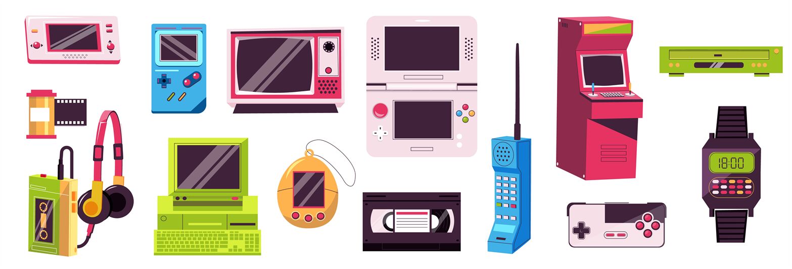 Retro devices. Cartoon vintage 90s gadgets, cute colorful hipster anal By  Tartila