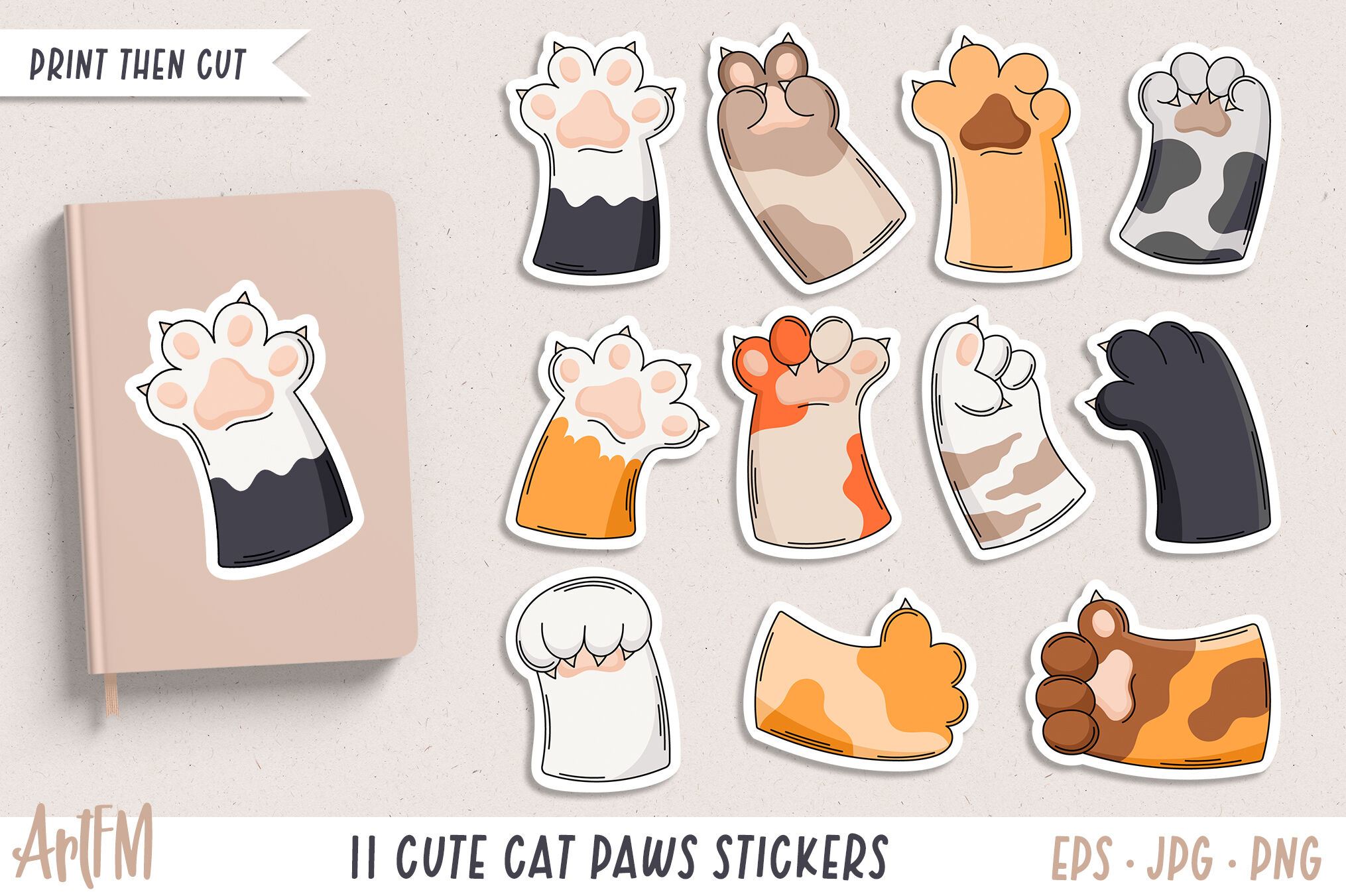 Cute Cat Paws Stickers, Cat Paw Gestures PNG, Animal Paws By ArtFM