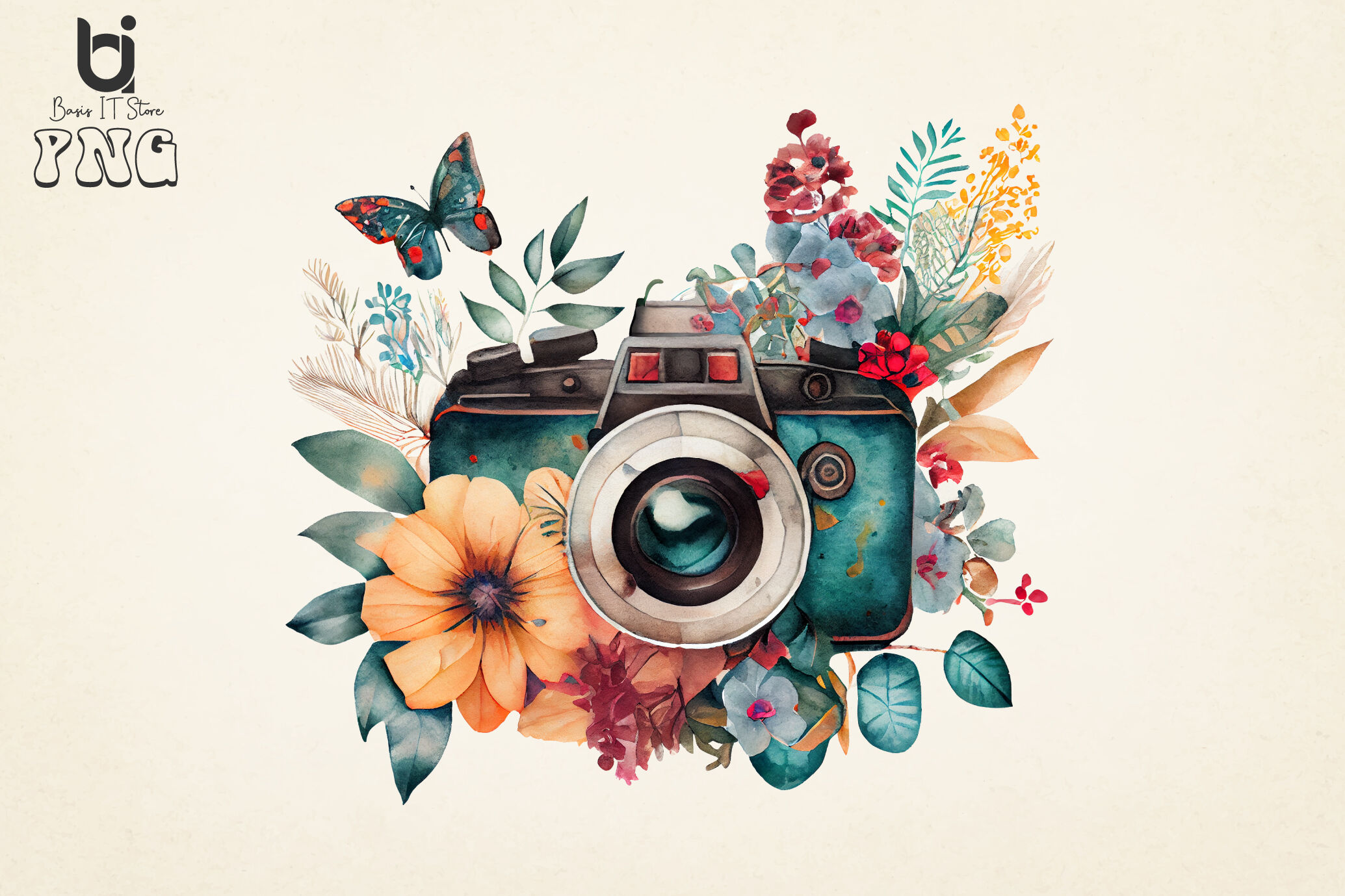 Floral Camera and Butterfly Sublimation Bundle, 11 PNG FIle By