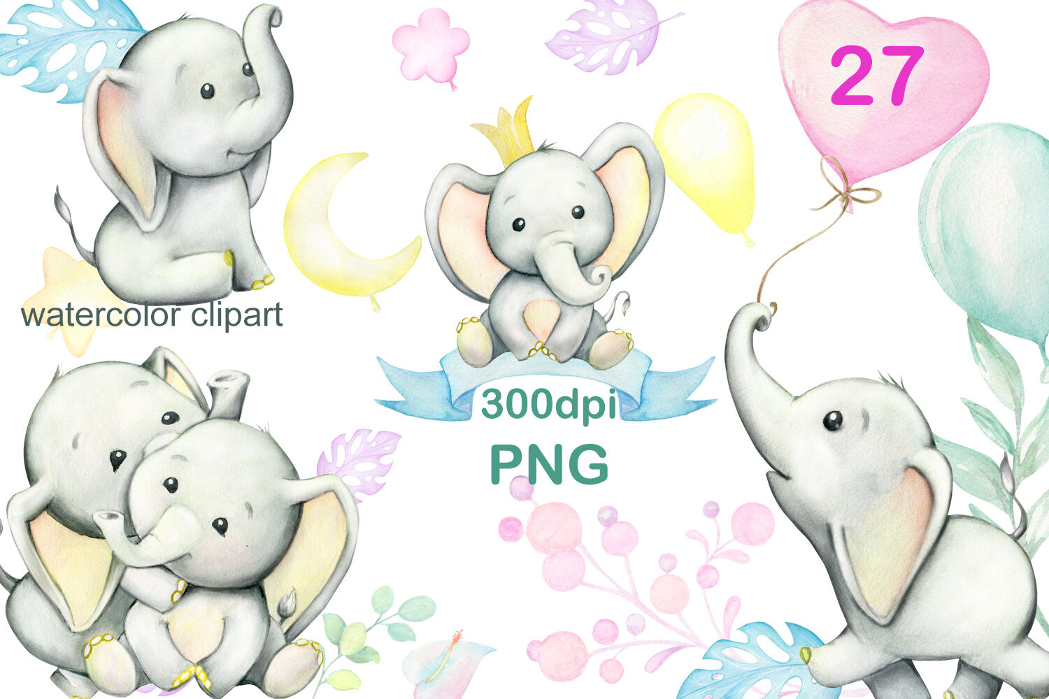 Elephant watercolor clipart, cute baby elephant PNG, baby girl, boy cl ...