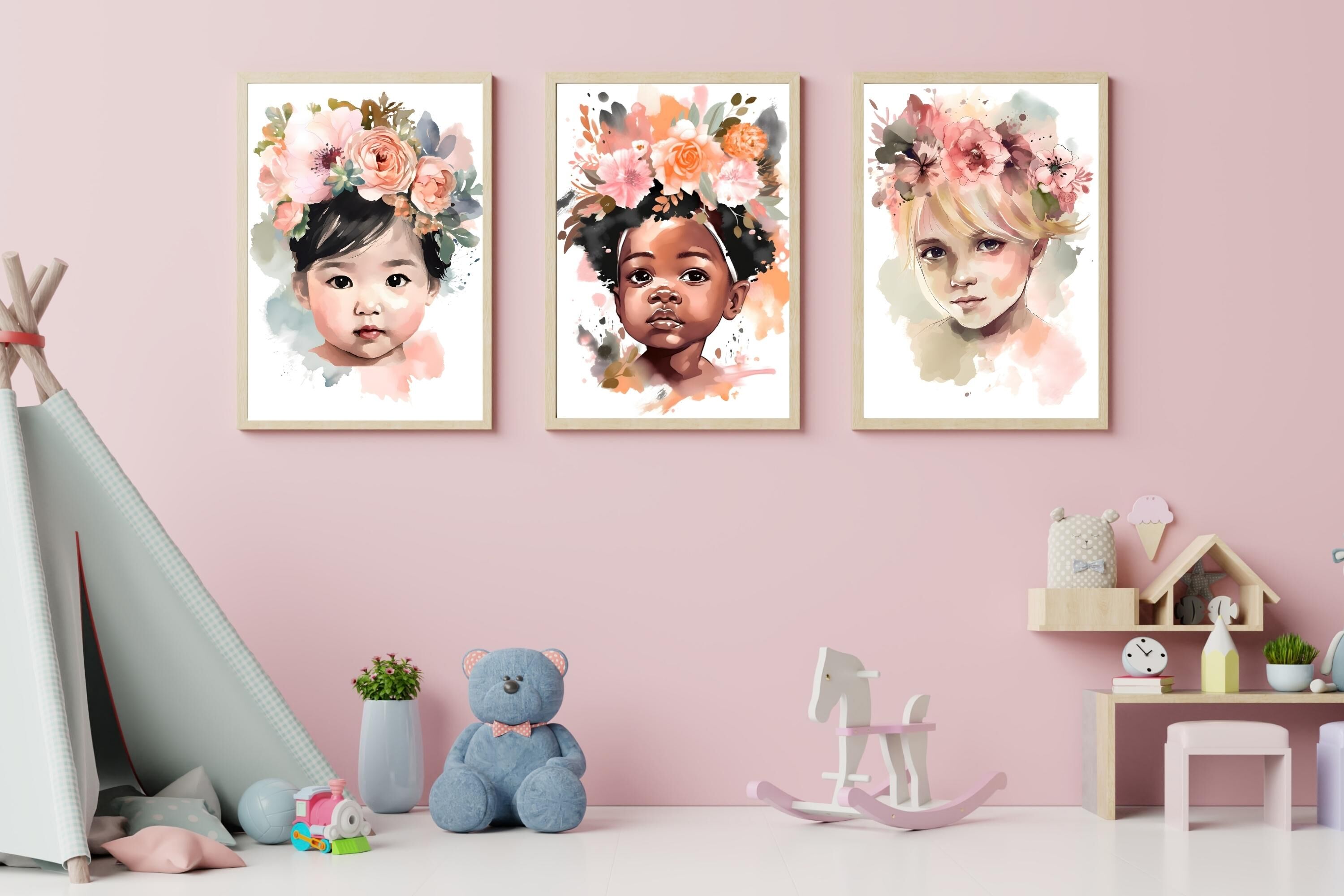 Watercolor Floral Baby Girl Wall Art By AyoChic | TheHungryJPEG