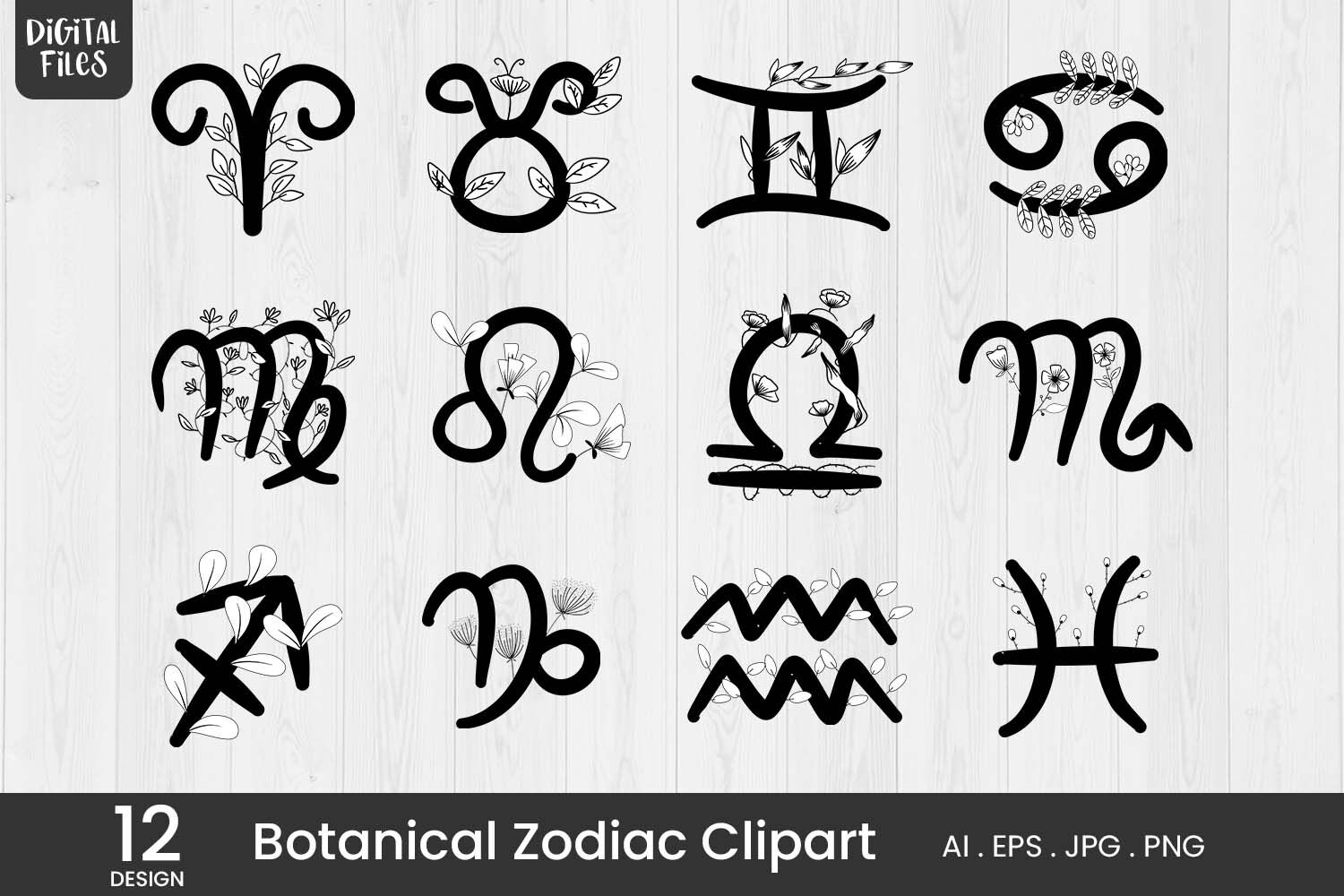 12 Botanical Zodiac Clipart By qidsign project | TheHungryJPEG