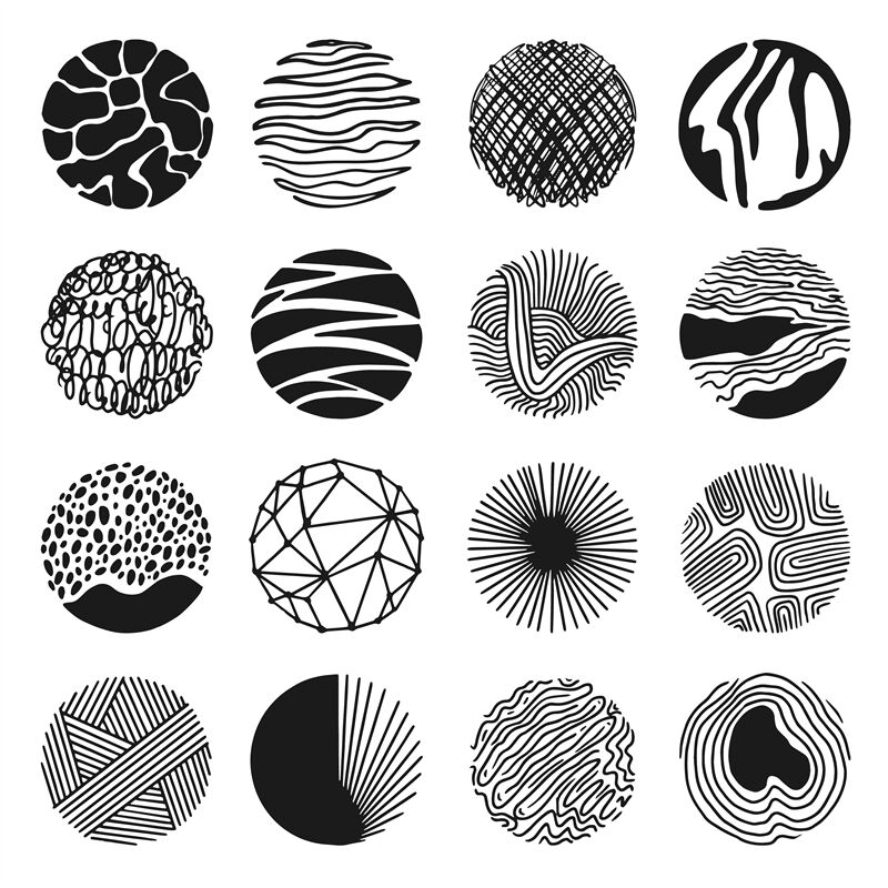 Abstract grunge round textures. Hand drawn drops, lines and spirals. C ...