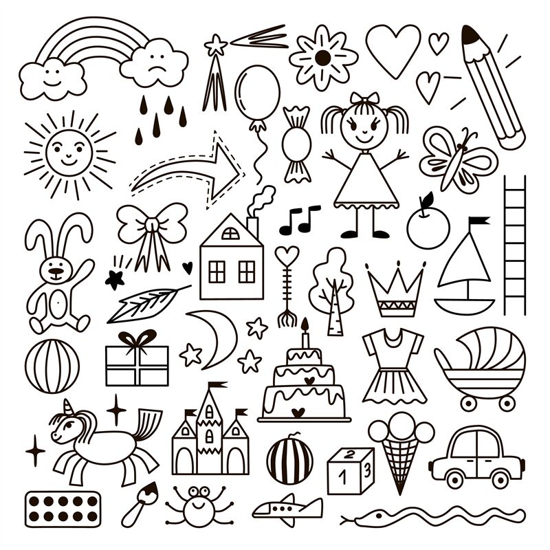 Kid doodle icons, preschool kids graphic outline elements. Children fu ...