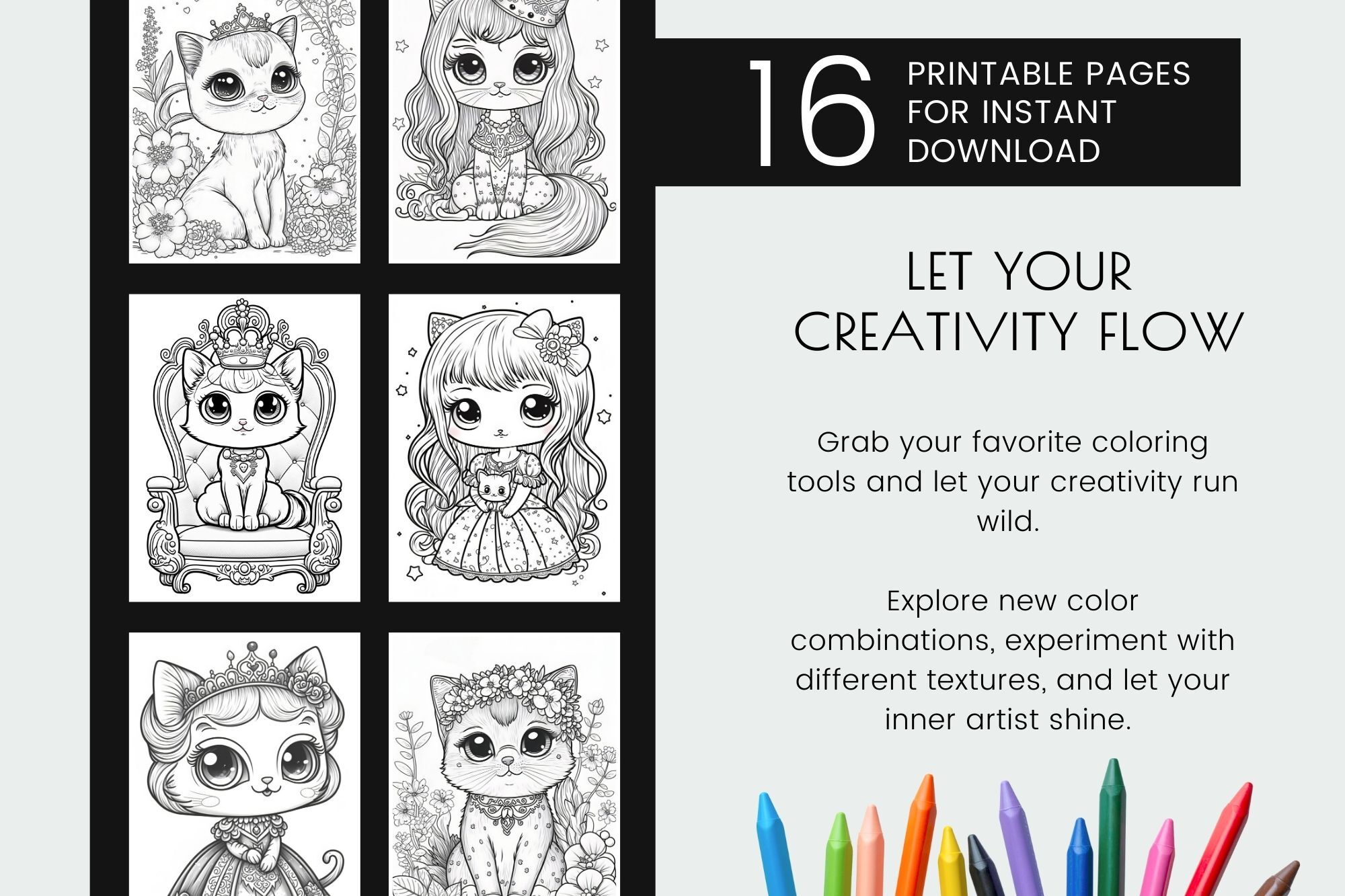 Princess Cat Coloring Book, Printable Coloring Page Bundle By