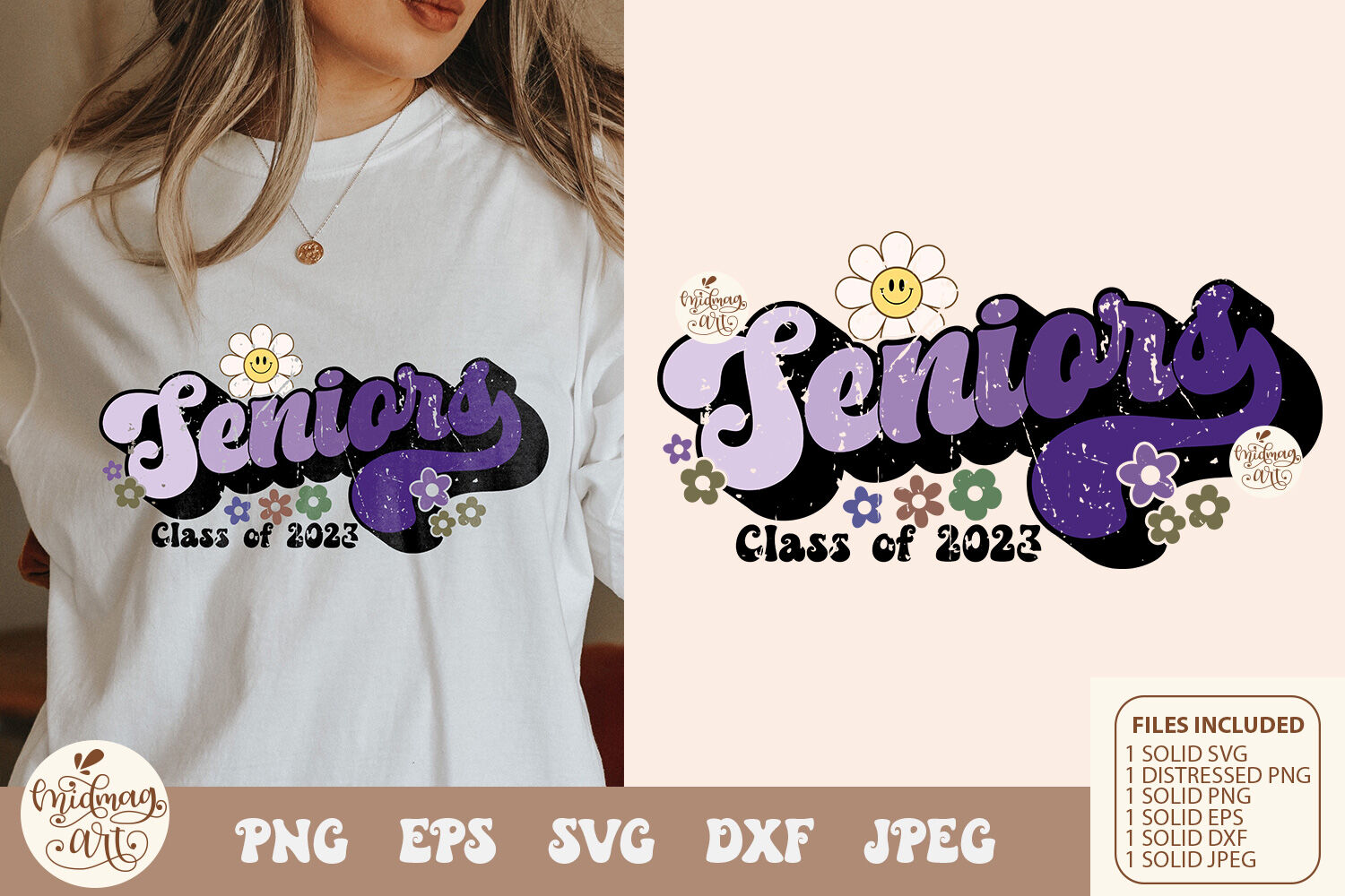 Retro seniors class of 2023 daisy svg png sublimation, distressed png By  Midmagart